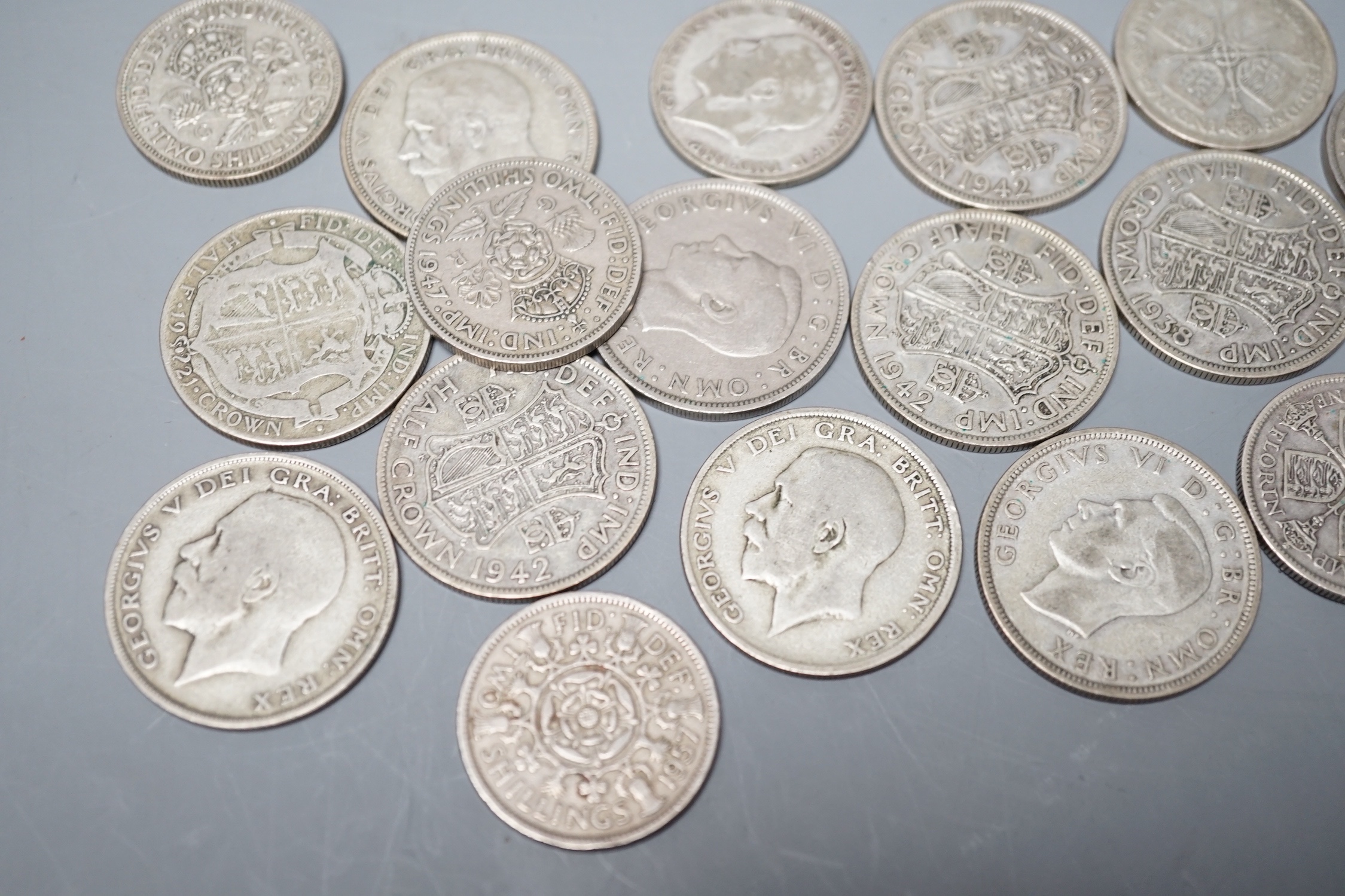 A 1976 French 50 Francs, and a collection of George V to QEII UK florins, shillings and threepence coins